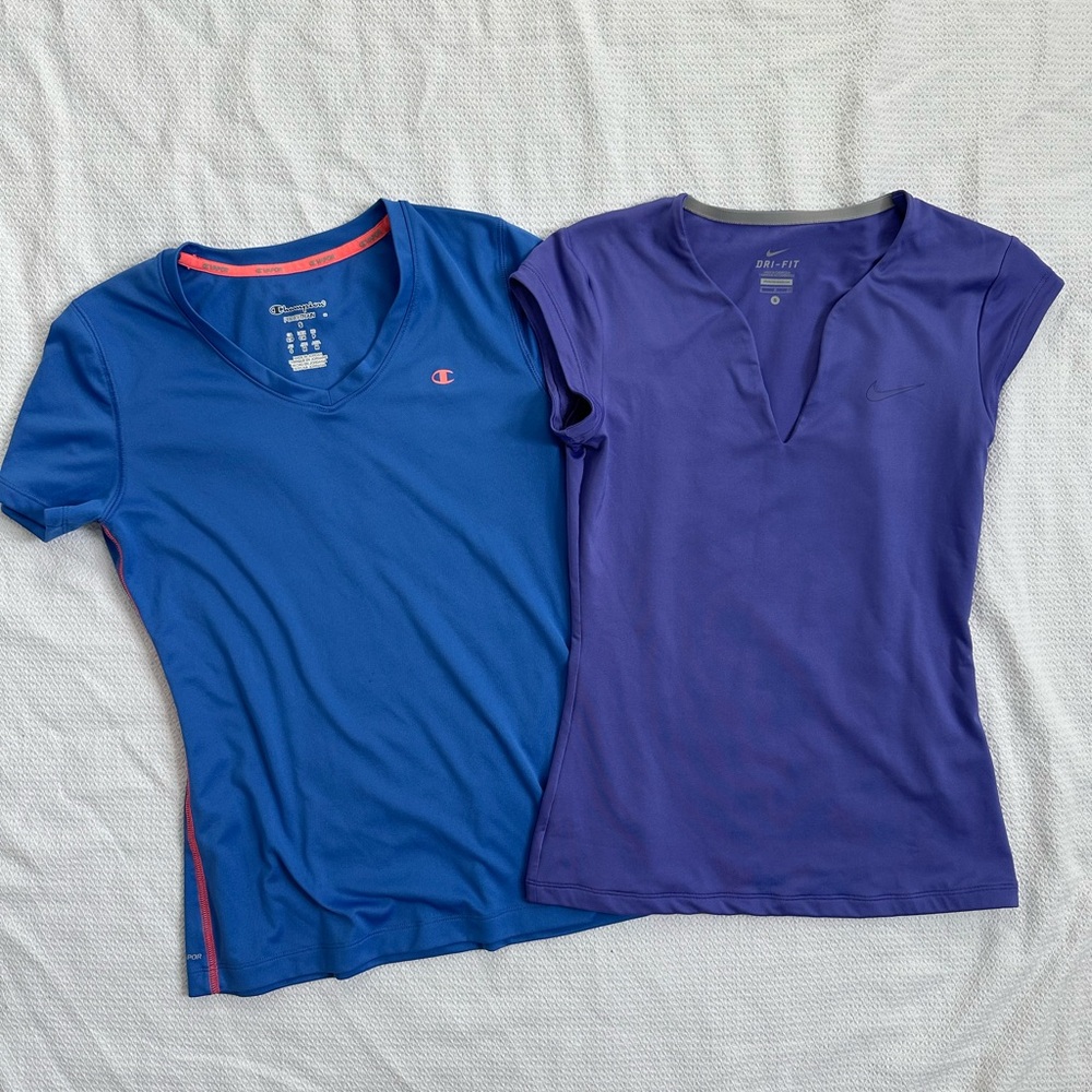 Nike Dri Fit & Champion Athletic Top LOT Bundle Women Small Purple Blue Workout